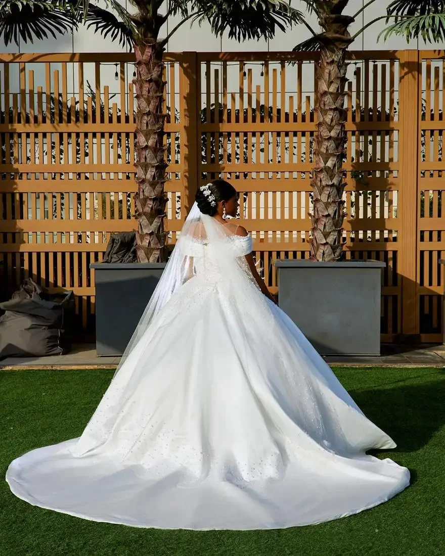 Customized Off the Shoulder Sparkly Pearls Ballgown Wedding Dress For Bride Robe De Mariée Satin Puffy African  Bridal Gown