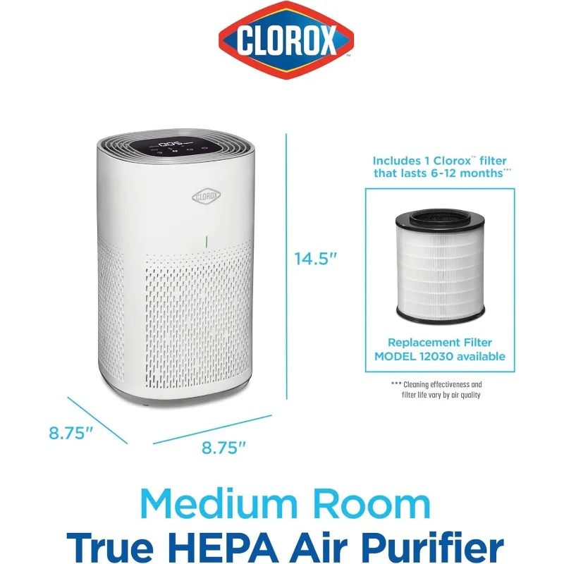 أجهزة تنقية الهواء كلوروكس للمنزل، فلتر HEPA الحقيقي، غرف متوسطة تصل إلى 1000 قدم مربع، تزيل 99.9% من القالب والفيروسات والحساسية والوضع التلقائي