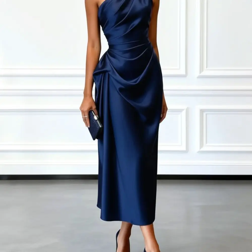 Sophisticated Satin Evening Dress Women One Shoulder Pleated Slim Waist Long Formal Gown For Prom Party Event Wear