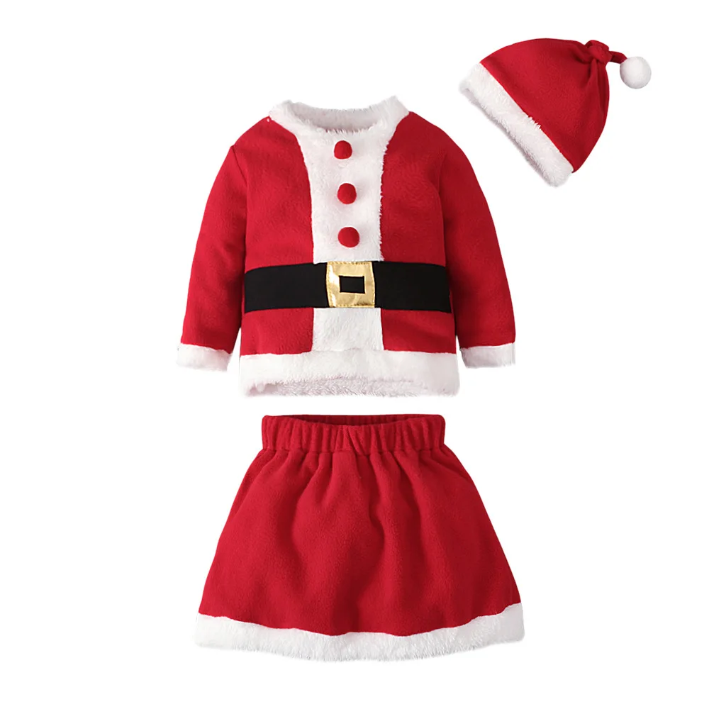 

Girl Clothes Set Baby Outfit Chrismas Santa Tops+Skirt+Hat 3Pcs Suit Winter Velvet Long Sleeve Festival Dress Up Kid Child A642