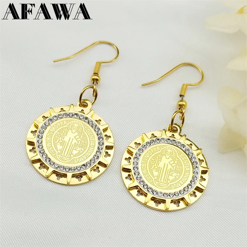 

Catholic Saint Benedict Medal Earrings for Women Gold Color Stainless Steel Cross CSPB San Benito Drop Earring Jewelry E8245S02