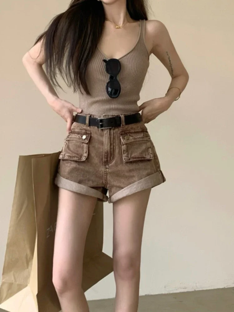 Safari Style Shorts Women Simple All-match Elegant Vintage Denim Washed Streewear Harajuku Cuffs Pocket European  Retro