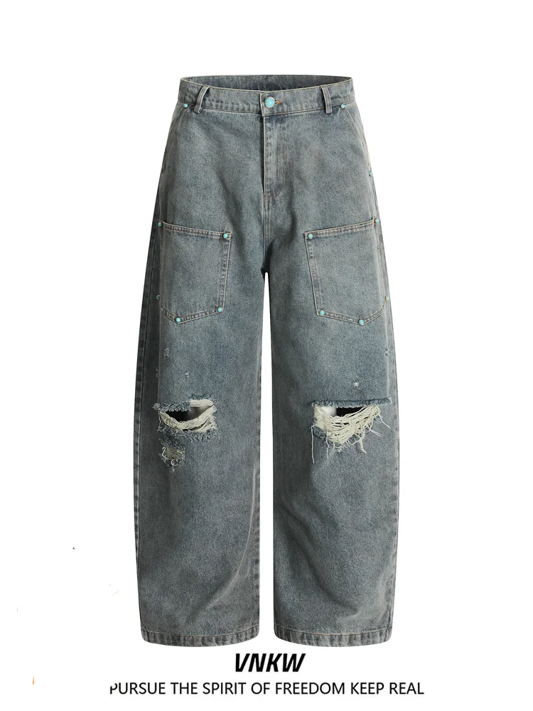 

Мужские джинсы в стиле американского ретро, рваные, свободные, повседневные, прямые, широкие, с эффектом потертости, Cleanfit