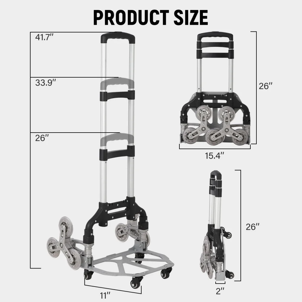 Stair Climbing Cart 165 lbs Capacity Hand Truck Foldable Hand Truck Aluminum Trolley 10 Wheels 2 Bungee Cords Telescoping Handle