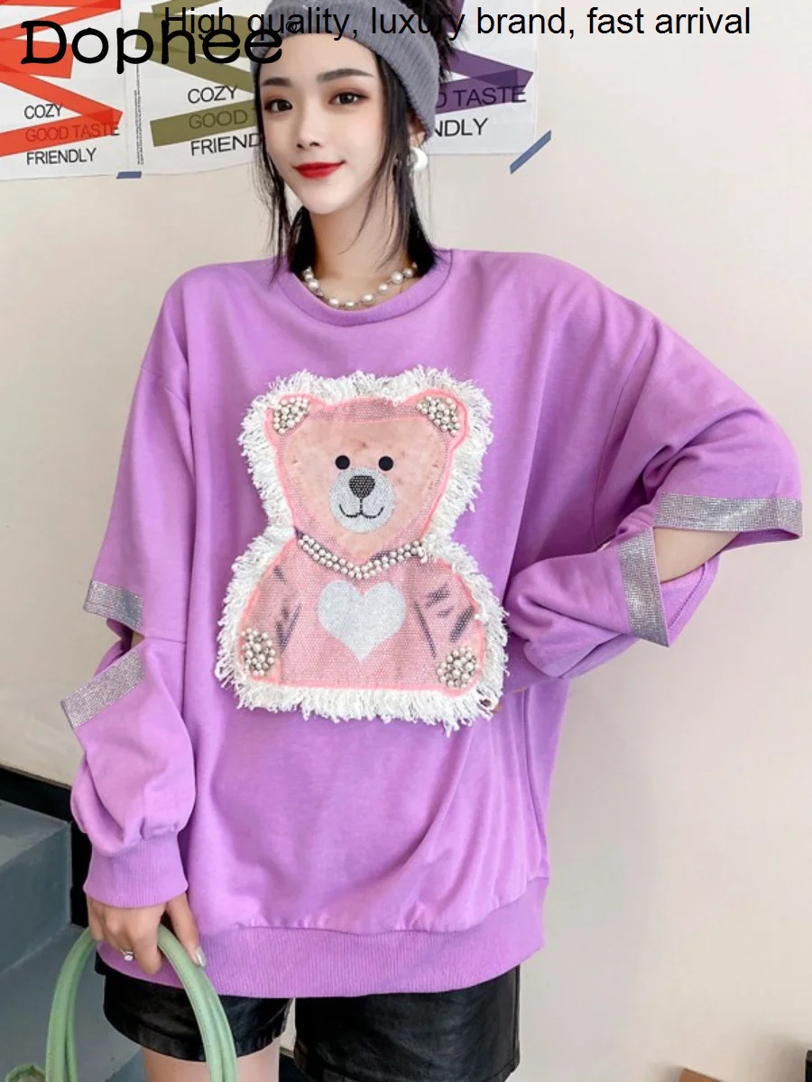 

Cartoon Beads Rhinestone Bear Sweatshirt Sexy Hollow-out Long Sleeve T-shirt Women Spring Autumn New Loose Fashion Purple Hoodie