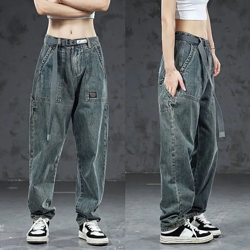

American Retro Workwear Jeans Men's New 2026 Loose Straight Multpocket Washed Casual Long Trousers Trendy Straight Leg Jeans