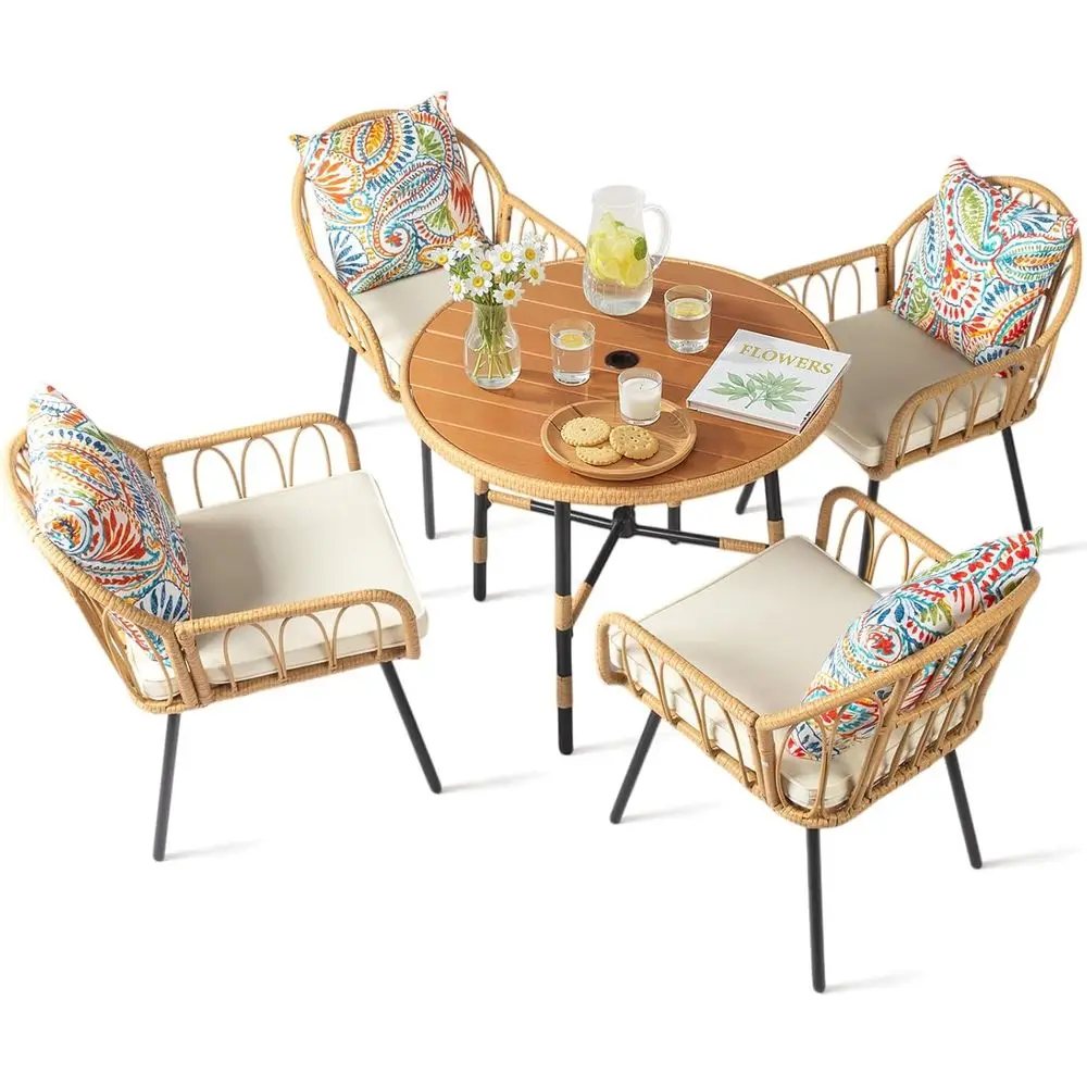 

Всепогодный обеденный комплект из 5 предметов из искусственного ротанга с подушками, круглый стол диаметром 35,4 дюйма для патио, сада, заднего двора (кремовый)