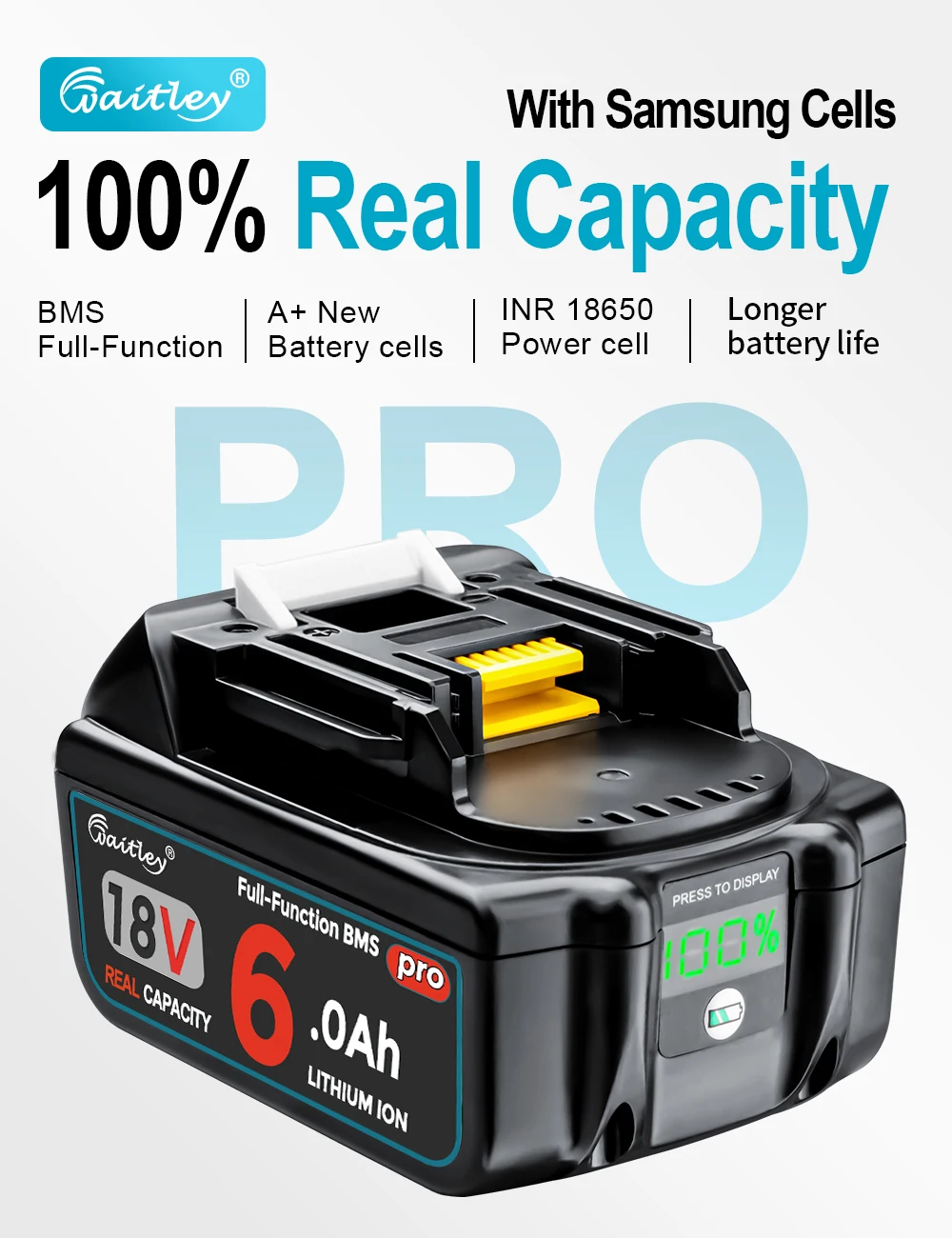 2 Stück Waitley Battery Pro für Makita 18 V Elektrowerkzeuge BL1860 wiederaufladbare Batterien mit Samsung-Zellen/Ersatzzubehör – Detail 3