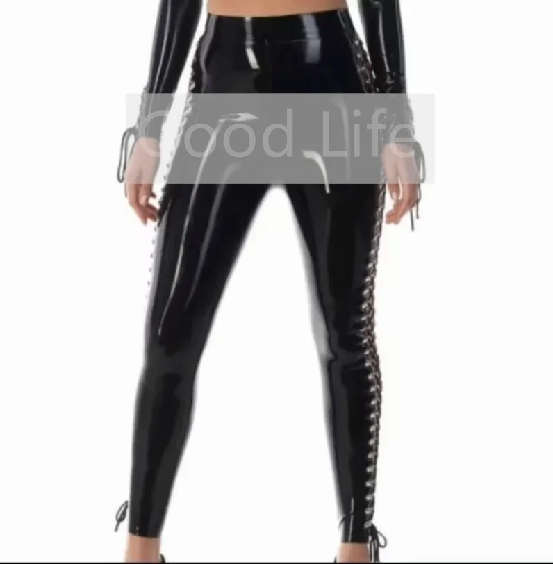 

Handmade Fetish Latex Women Trousers Side Lace Up Rubber Female Ankle Length Pants Latex Lady's Rubber Cosplay Strappy Leggings