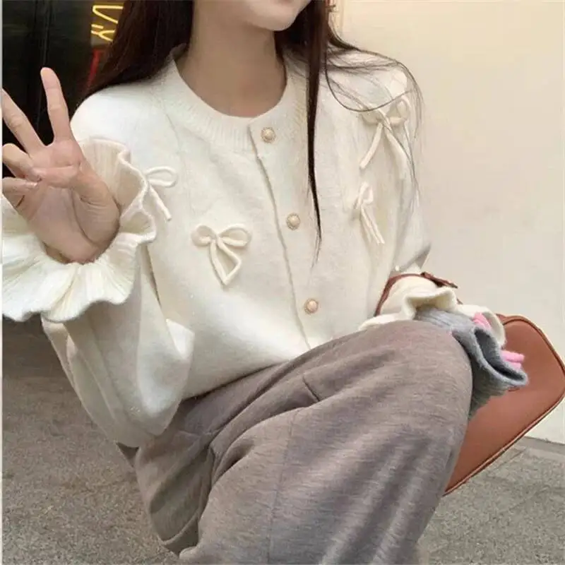 

Bow Design Short Sweater Cardigan Women Single Breasted Vintage Versatile Knitted Coats Autumn Solid Color Warm Casual Tops