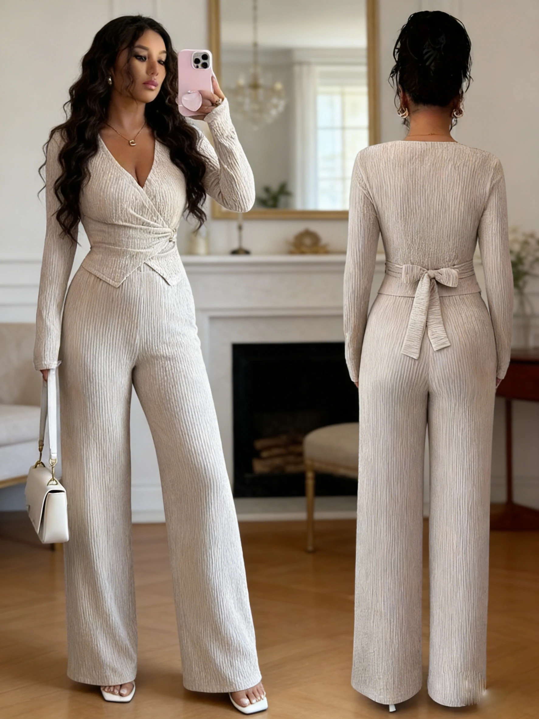 Women's long-sleeved top with trousers suit, casual style, autumn and winter style, solid color design, long-sleeved design with