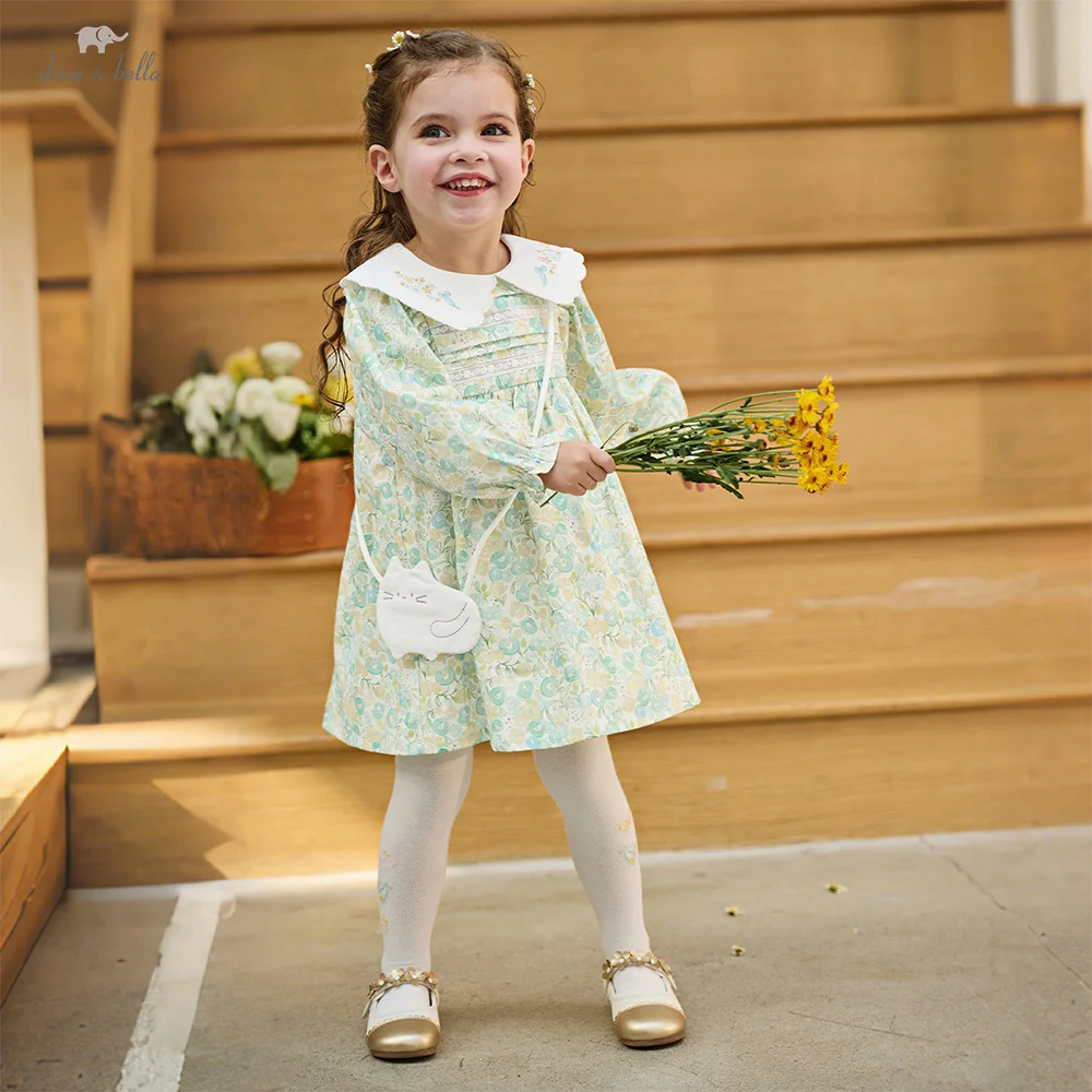 Dave Bella Children Dress Girls Clothes Spring Autumn Baby Sweet Floral Print Dresses Elegant Vitality Outdoors Dress DB1260327