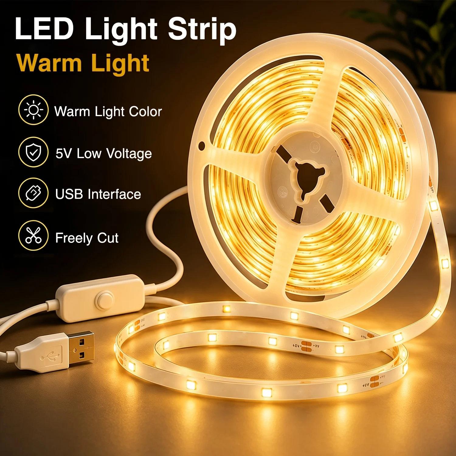 USB 2835 LED Strip Button Switch Light Self-Adhesive Cuttable Flexible LED Tape For Home Kitchen Bedroom TV Backlight Decor