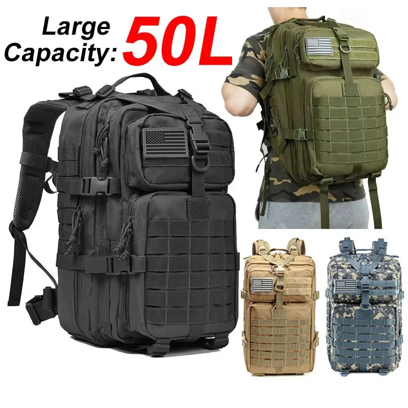 

50L Oxford Waterproof Men Tactical Backpack Large Capacity Travel Bags Outdoor 3P Rucksacks Fishing Hiking Camping Hunting Bags