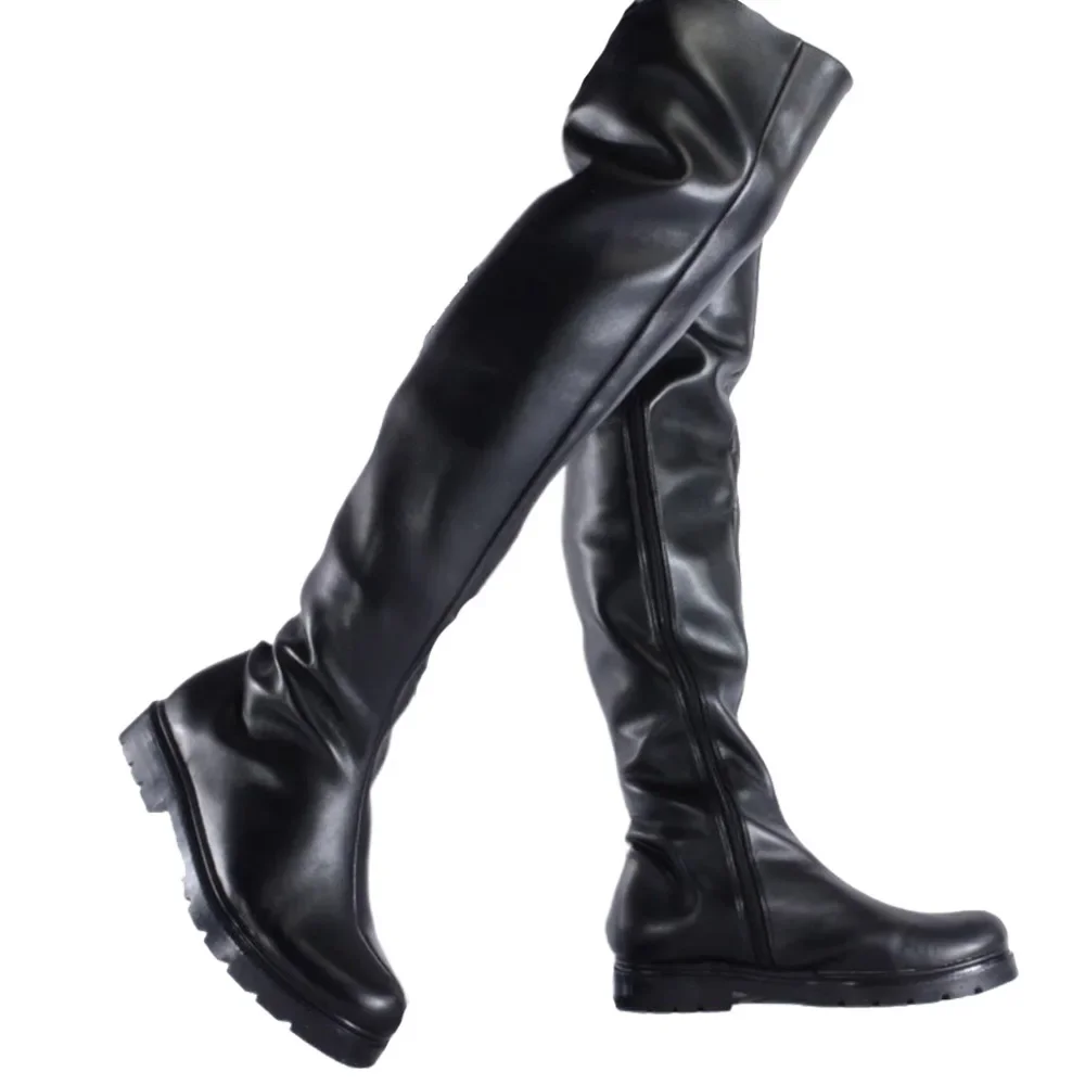 أحذية رجالية جلدية فوق الركبة أحذية شتوية أنابيب الصلب أداء الأحذية ، جولة تو سميكة وحيد أحذية ركوب الخيل أحذية رعاة البقر الغربية الانزلاق على