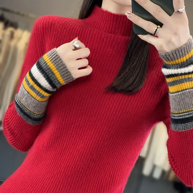 2023 Autumn/Winter Women's 100% Wool Sweater Knitted Pullovers High Elasticity Tops Lady's Grade Up Soft Warm Slim Fit Jumper