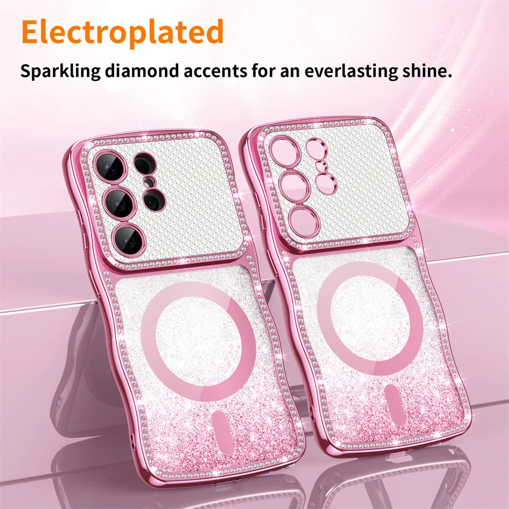 for Samsung S25 S26 Ultra S24 Plus Case Plating Wavy Rhinestone Frame Bumper Glitter For Magsafe Wireless Charging Phone Cover