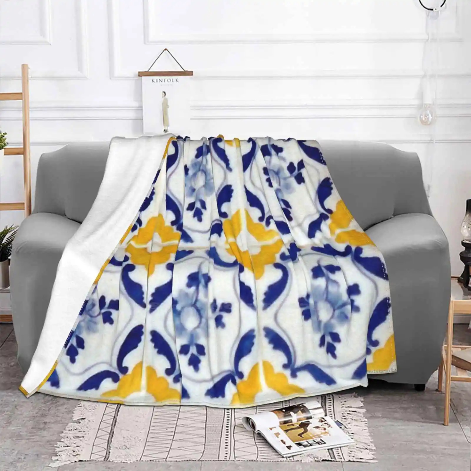 Portuguese Blue And Yellow Tiles Super Warm Soft Blankets Throw On Sofa/Bed/Travel Portuguese Tile Flower Barroque Tile Porto