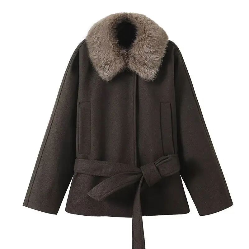 Inverno 2025 feminino fibra mista pele artificial efeito gola casaco jaet outro material 00% novo sle outerwear