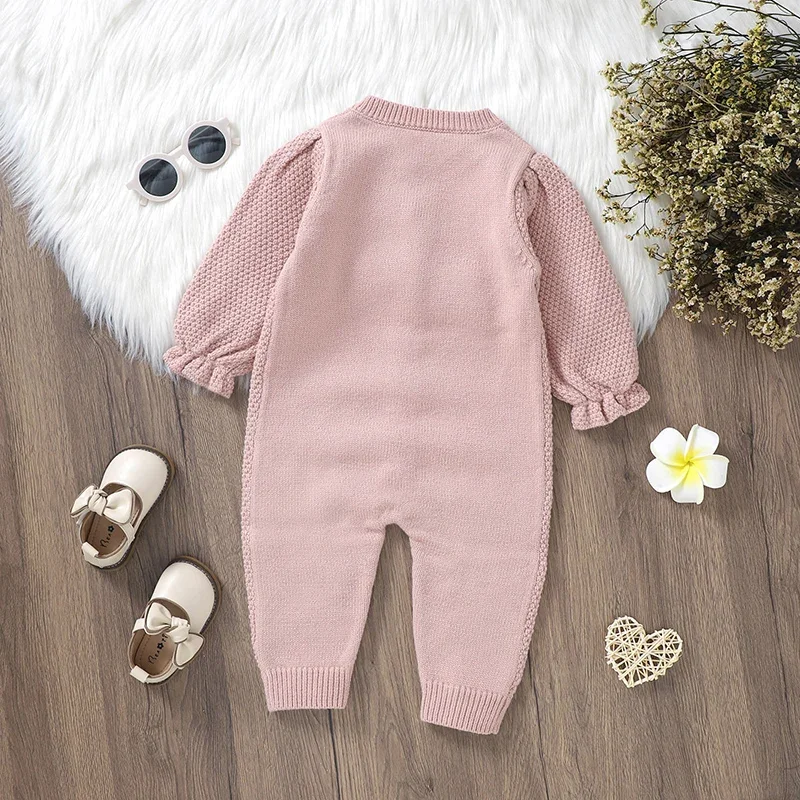 Newborn Baby Rompers Knitted Infant Girls Jumpsuit Fashion Ruffles Embroidery Autumn Toddler Clothing 0-18M Long Sleeve Overalls