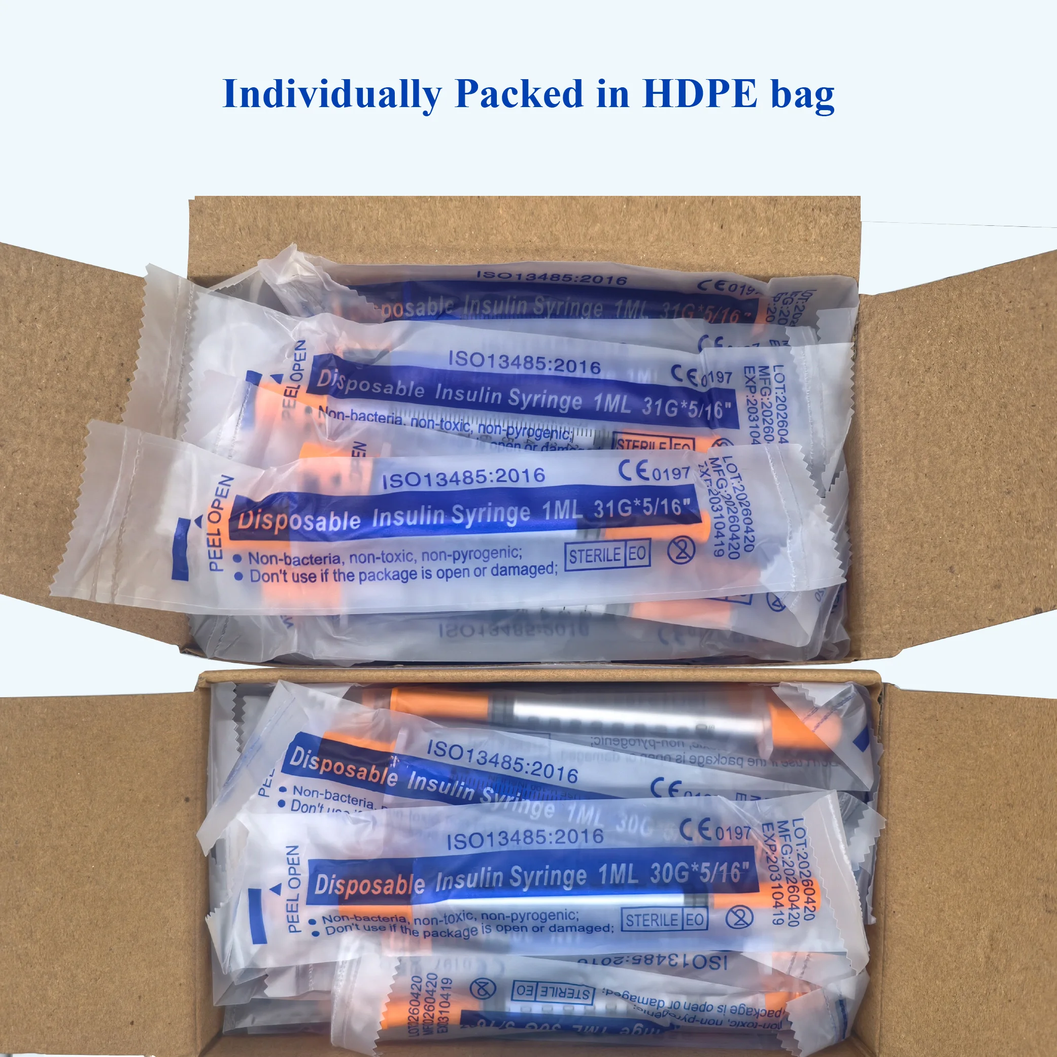 1ml 30G/31G 8mm Disposable Sterile Insulin Syringe with 5/16 inch Needles Individually Wrapped for Lab Pets Feeding 100pcs
