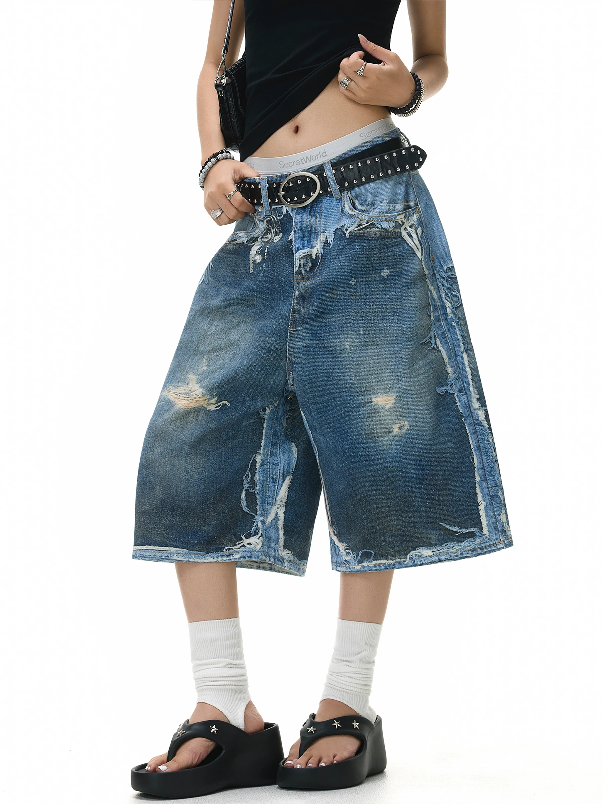 American High Street Vintage 3D Print Denim Shorts Summer Loose Wide Leg Design Men's Women's Fashionable Shorts