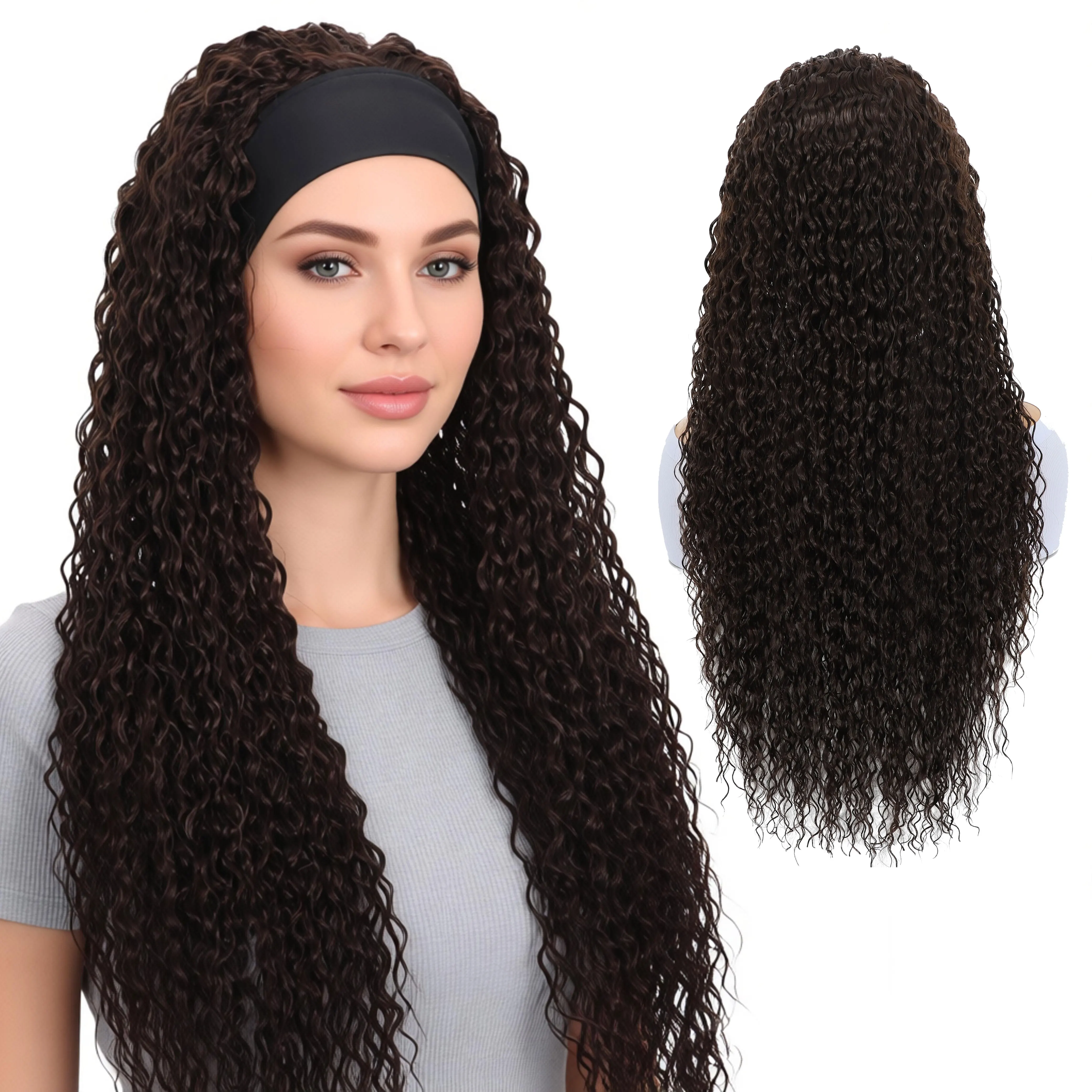 

Черный женский парик-повязка на голову с естественной линией роста волос, синтетические коричневые свободные кудрявые волосы, без кружевной основы, из мягкого шелка, подходит для женщин, машинная работа, без клея, с мелкими кудрями и предварительно прораб