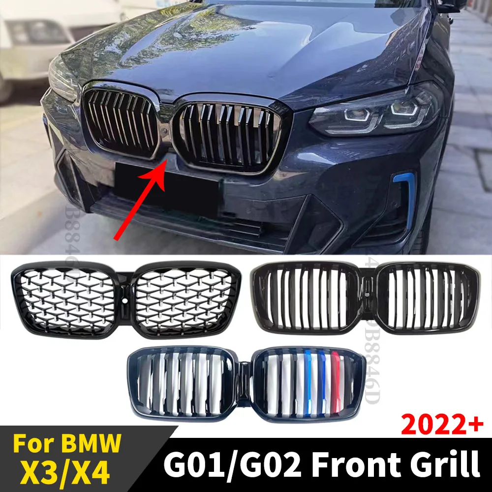 

Front Inlet Grille Bumper Kidney Grill Radiator Grid Accessories For BMW X3 X4 G01 G02 2022 2023 M Black Diamond Meteor Style