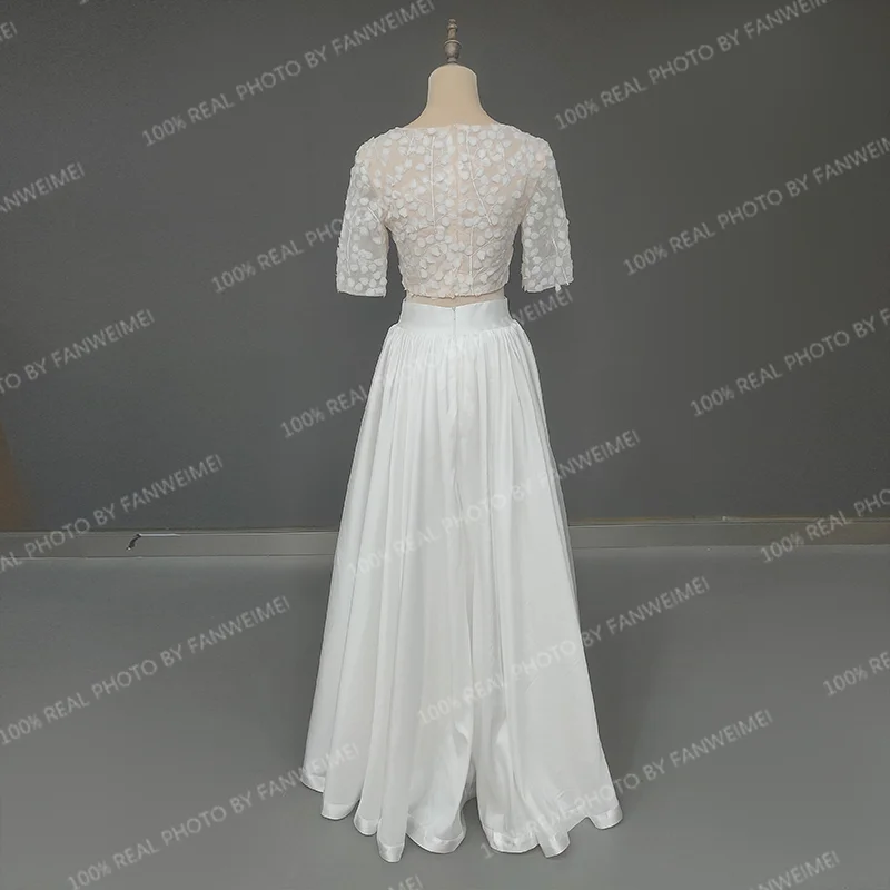 13122# 100%REAL PHOTO Two Piece Boat Neck Beach Bohemian Chiffon Elegant Ruched Short Lace Appliques Wedding Dress Bridal Gown