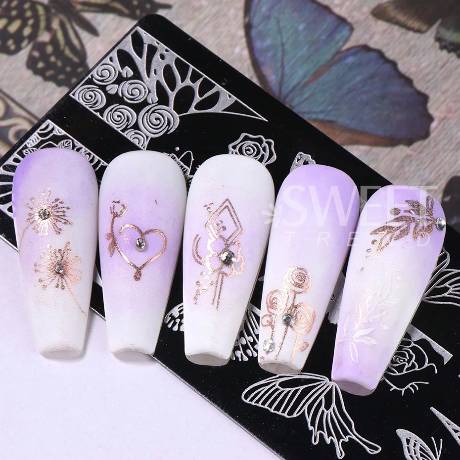 3pcs Bow Tie Nail Stamping Plates Butterfly Design Floral Flower Leaf  Nail Art Stamp Stencil Printing Template Manicure Tools