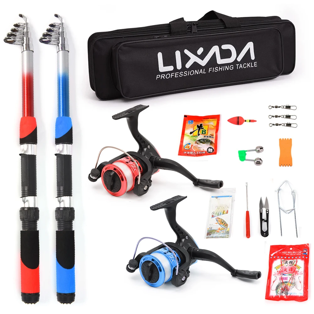 Lixada Fishing Rod Reel Combo Full Kit w/ 2PCS 2.1m Telescopic Fishing Rods 2PCS Spinning Reels Fishing Lures Hooks Fishing Bag