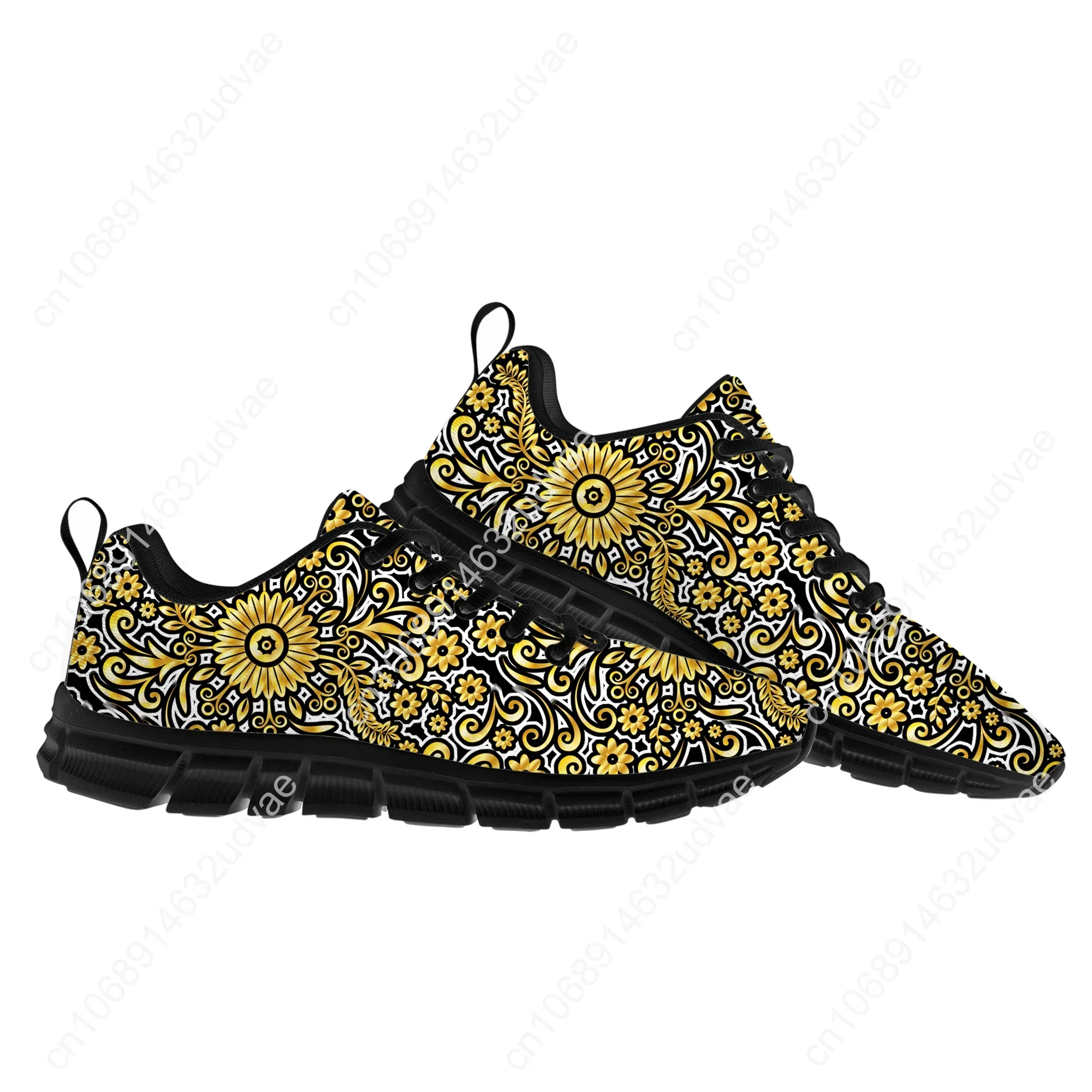 Luxury Golden Floral Prints Sports Shoes Mens Womens Teenager Kids Children Baroque European Sneakers Casual Custom Couple Shoes
