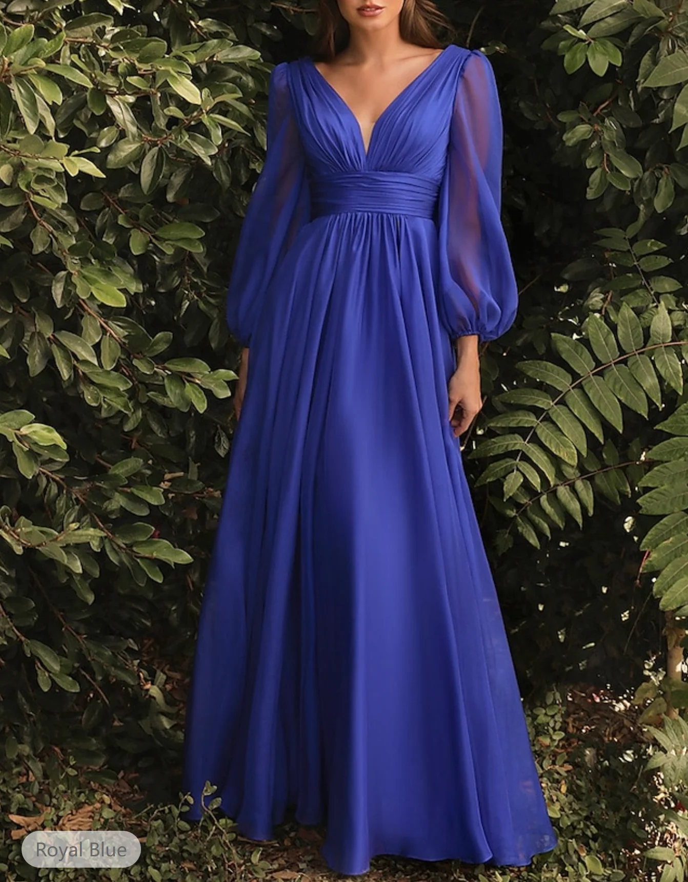 A-Line Bridesmaid Dress V Neck Long Sleeve Blue Floor Length Chiffon with Ruching / Solid Color 2024