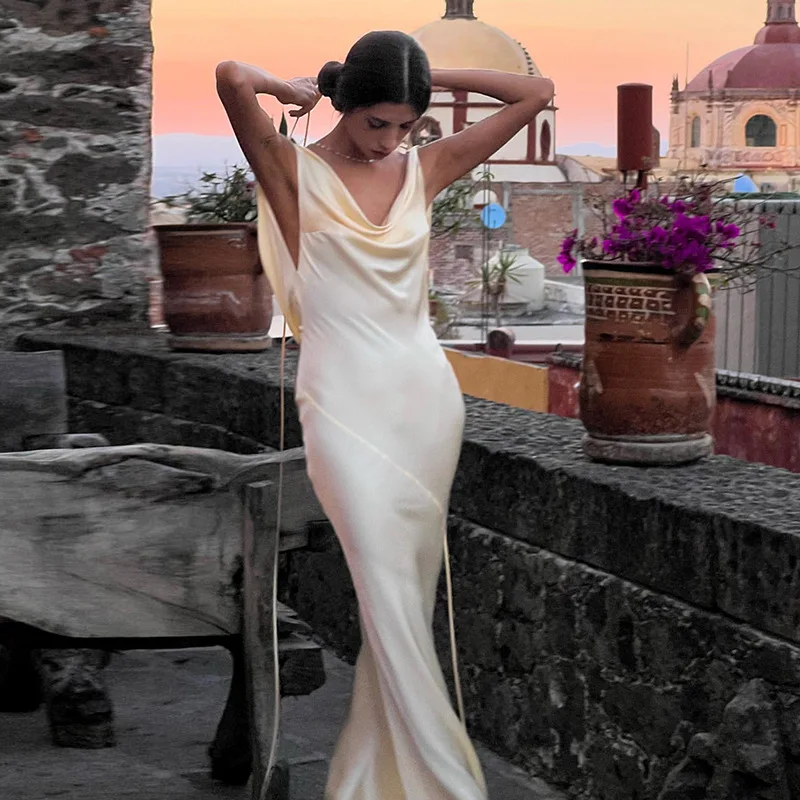

Maemukilabe Women's Elegant Backless Maxi Dress Off Shoulder Cocktail Long Dress Ladies Vintage Slim High Waist Evening Dress