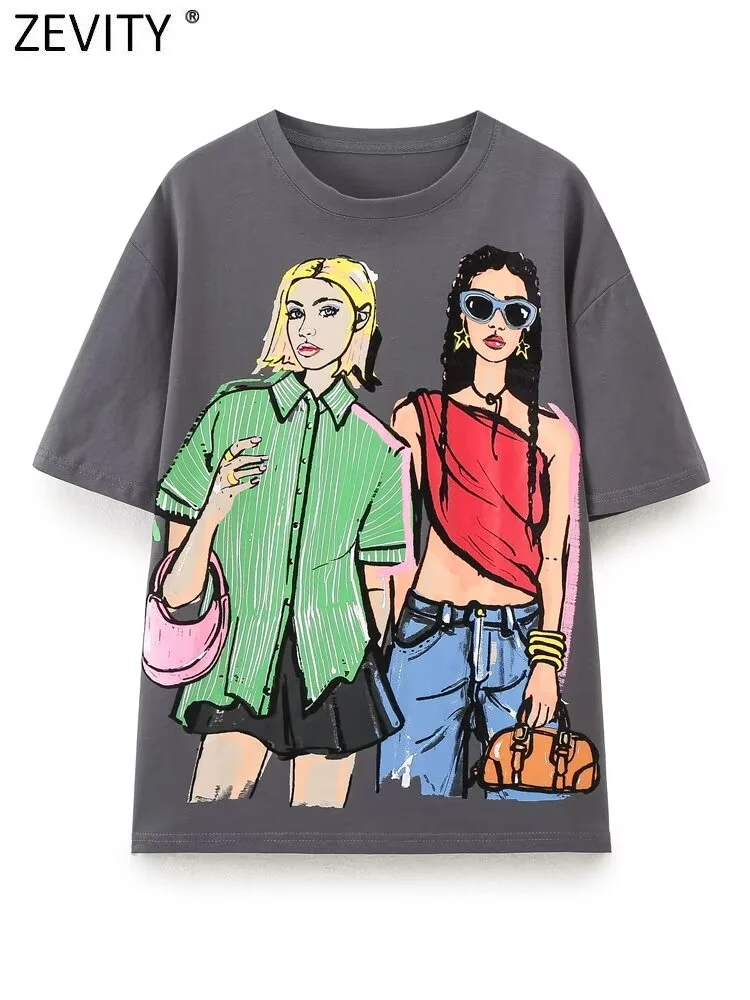 Zevity 2024 Women Fashion Wash Effect Girls Print Casual T Shirt Female O Neck Short Sleeve Leisure Y2K Chic Tops T7115