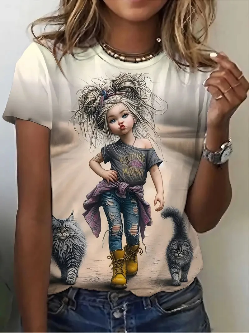 

Ladies' Plus Size 3D Cool Cat Printed Short Sleeved T-shirt, Loose and Casual, Soft, Comfortable and Breathable,outdoor Sports