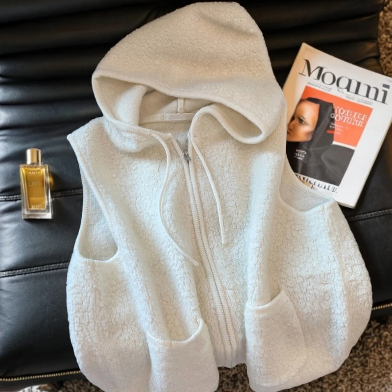 

Women's Casual White Plush Knit Hooded Vest with Zipper Front Drawstring Hood and Pockets Autumn Winter