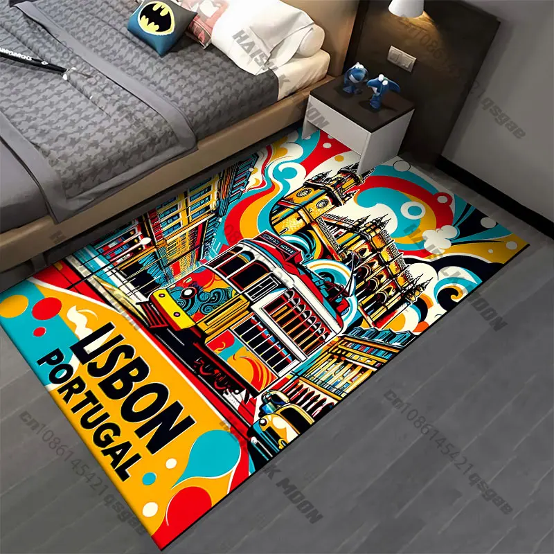 Colorful Lisbon tram artwork carpet Yoga living room room decor children's crawling mat doormat area rug games mat