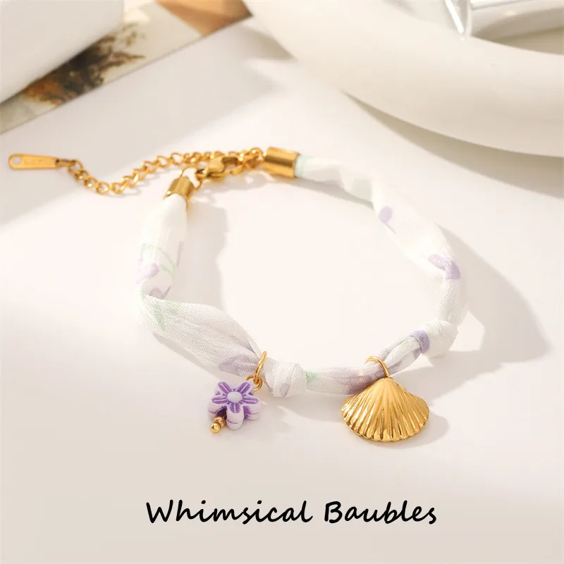 

Dreamshow Silk Ribbon Summer Fashion Shell Charm Bracelet Waterproof Tarnish Free 18k Gold Plated Stainless Steel Jewelry