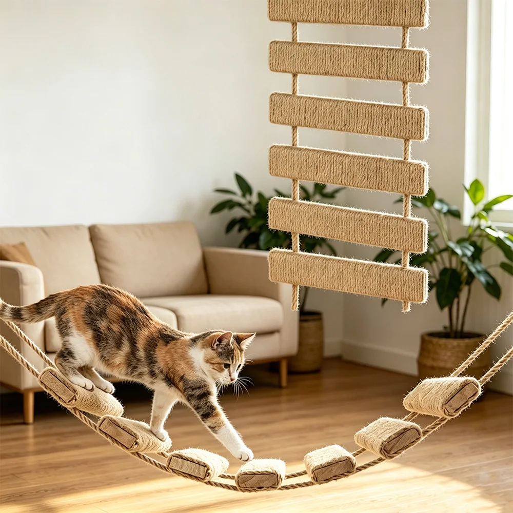 

Wooden Cat Wall Bridge with Sisal Scratching Wall Mounted Cat Climbing Ladder Activity Center Cat Wall Furniture Perch for Cats