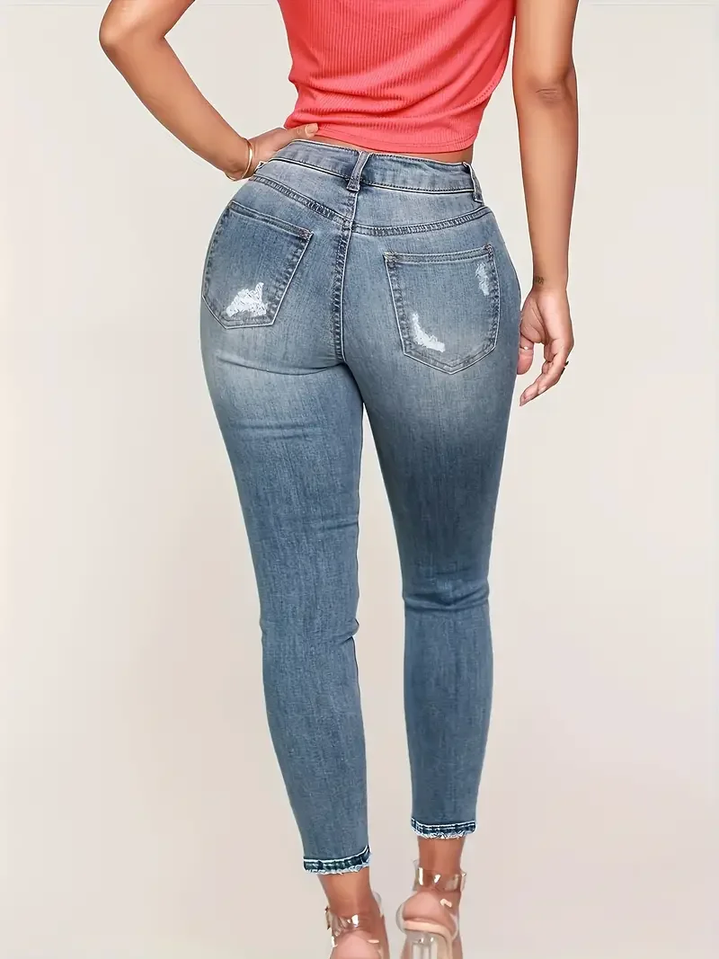 Women's Chic Ripped Pocket Jeans, Single Breasted Button Open and Close, Skinny Stretchy Denim Pants - Solid Color