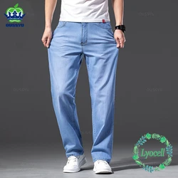 Men Jeans Classic Summer Lyocell Cotton Straight Stretch Brand Denim Pants Overalls Light Blue Fit Trouser Plus Size 40 42