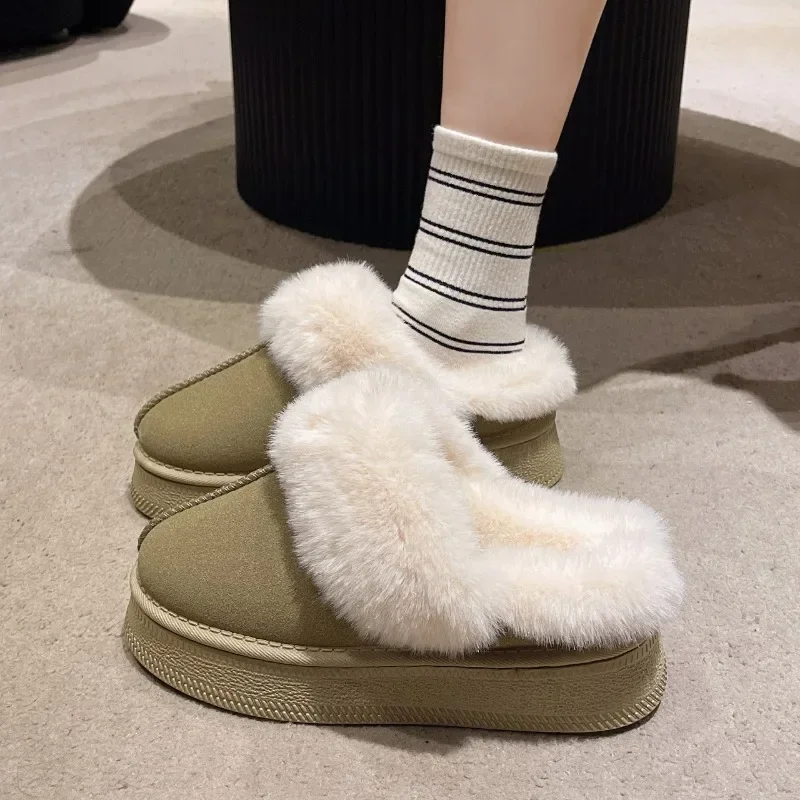 2024 New Leather Women Fashion Winter Indoor Solid Color Suede Fur Slippers Ladies Home Platform Warm Slip-on Women's Shoes image 3