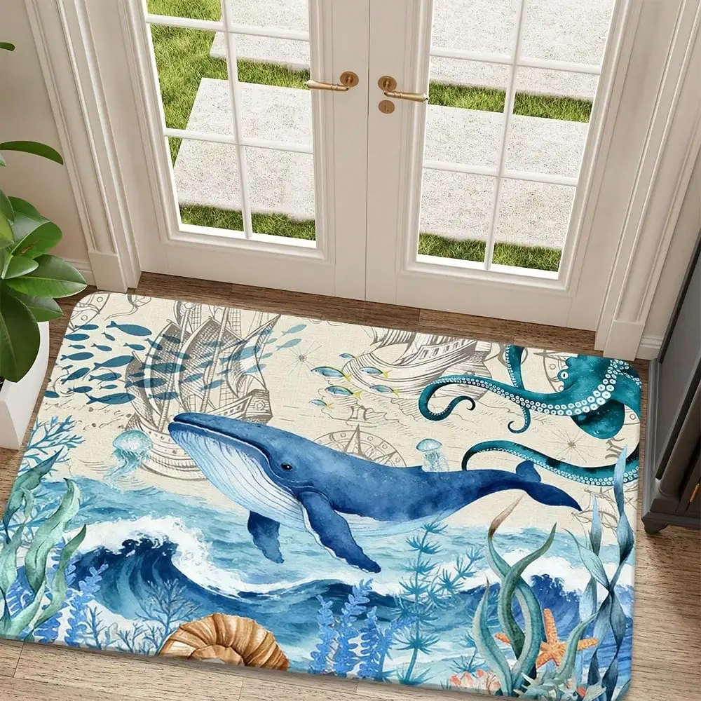 1pc Ocean Whale And Octopus Nautical Map Non-Slip | Washable, Colorfast, Soft And Comfortable, High-Quality Polyester, Suitable Living Room, Bedroom, Kitchen
