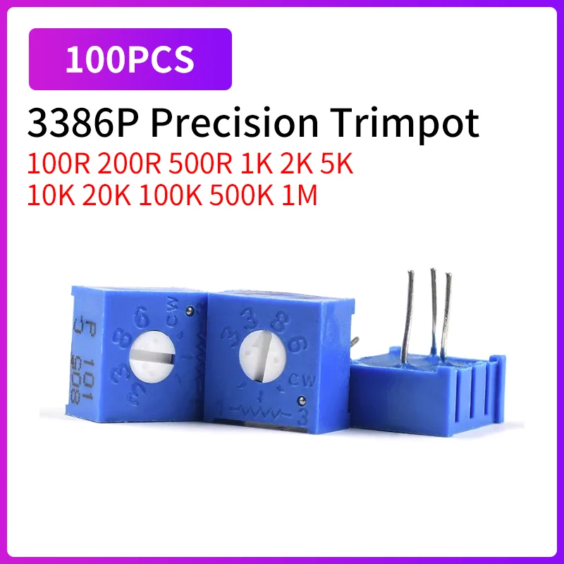 

100PCS 3386P Trimpot Trimmer Potentiometer 100R 200R 500R 1K 2K 5K 10K 20K 100K 500K 1M Ohm 3386P-1-103LF Variable Resistor