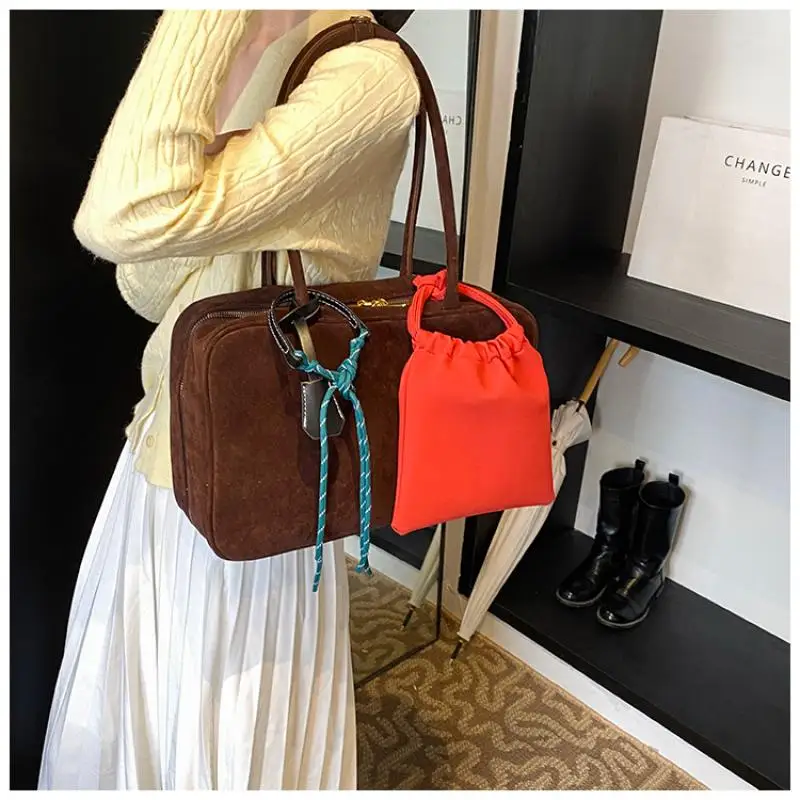 2Pcs Plain Color Autumn/winter Faux Suede Tote Bag Vintage Boston Women Shoulder Bags Large Capacity Lady Handbags with Pendant