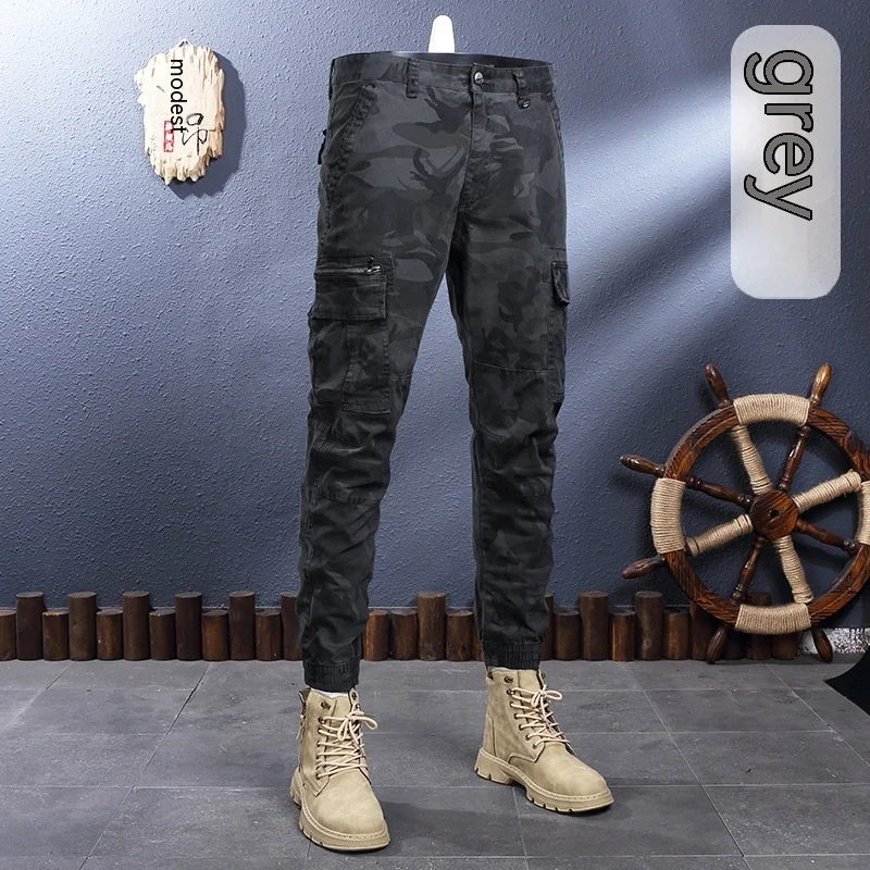 Outdoor Camouflage Overalls Men's High-End and Fashionable Quality Men's Elastic Slim Fit Ankle-Tied Long Casual Pants Thick