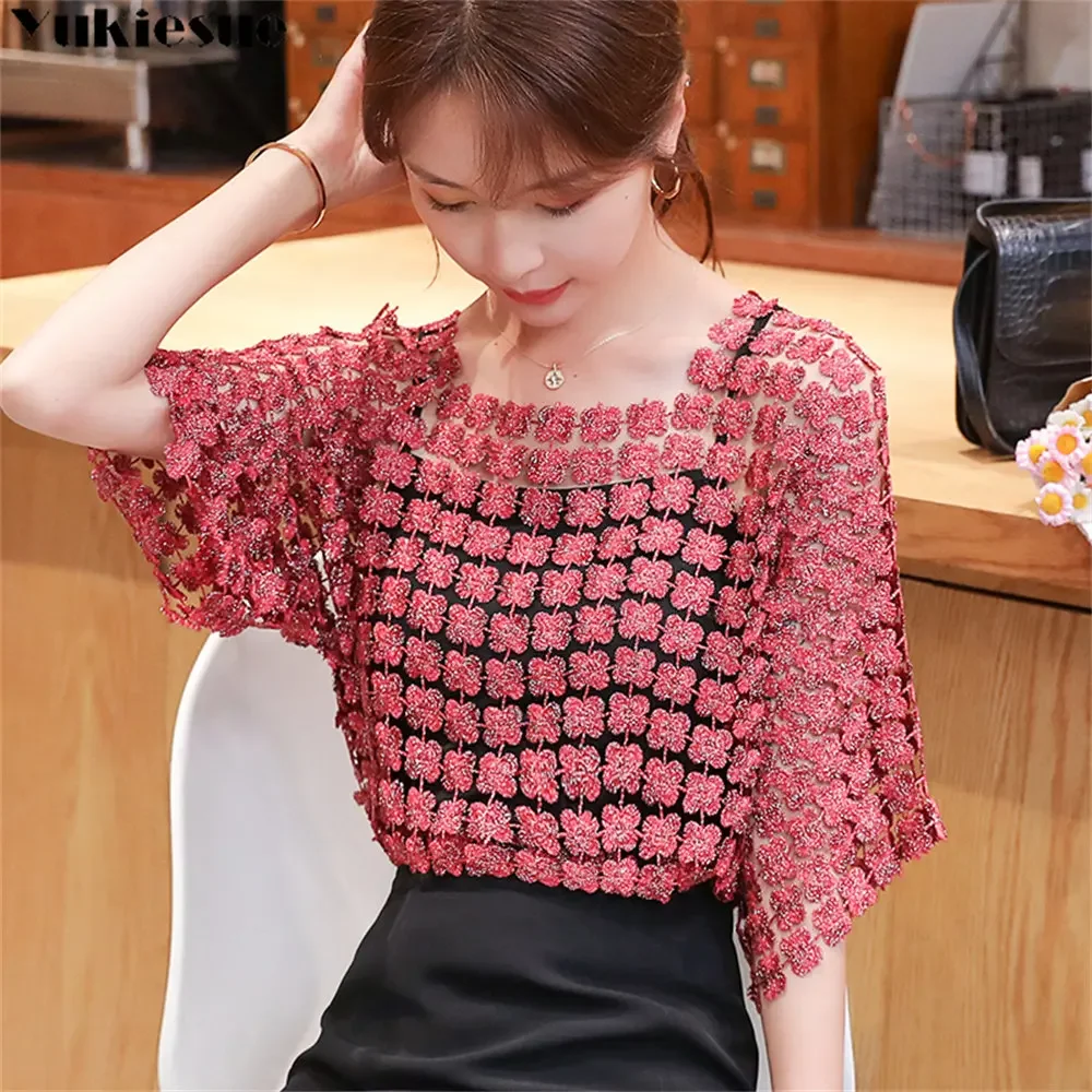 Summer Lace Hollow out Mesh Tops Sexy ElegantPullover Blouse Chiffon Shirt Top Shirt with Sling Solid Temperament Two-Piece