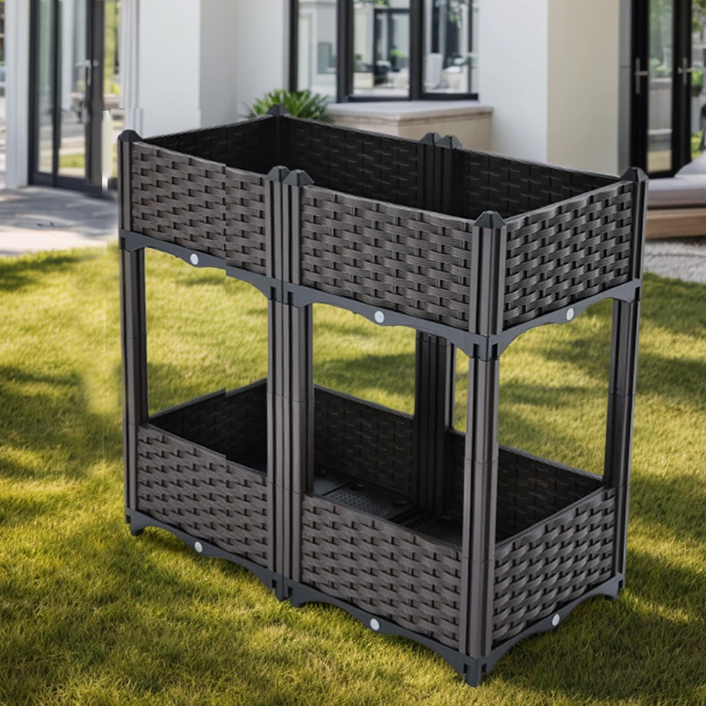 

2 Tier Thickened Planting Box with Water Storage Tray Plastic Planter Box Raised Garden Bed for Flowers Tomato and Herbs