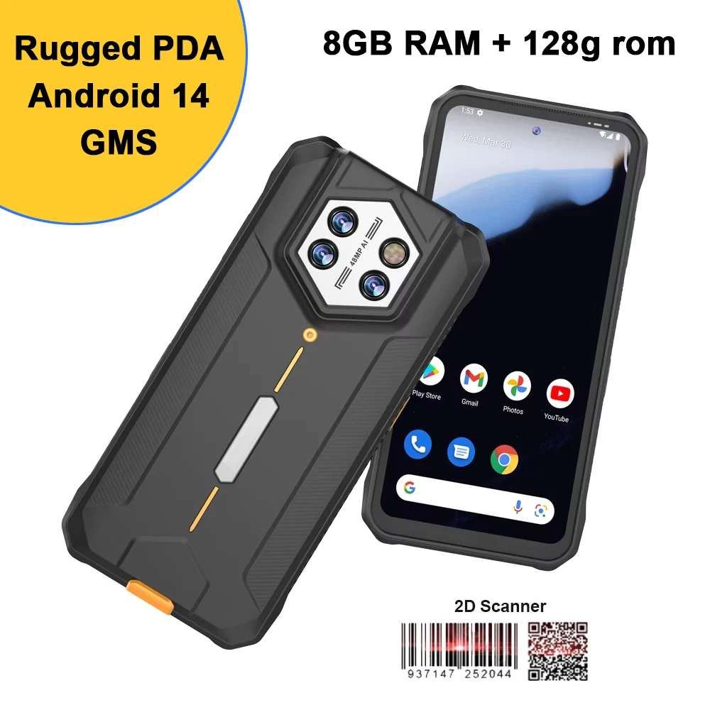 

Портативный КПК Android 14 GMS 6,5 дюймов 8 ГБ ОЗУ 128 ГБ ПЗУ сканер штрих-кода 48 МП задняя камера IP68 водонепроницаемый прочный терминал